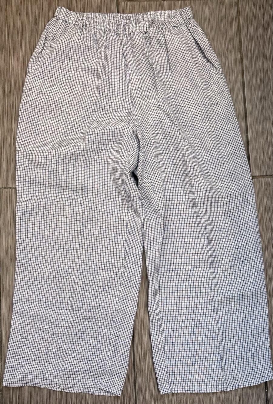 Flax Blue Check Wide Leg Linen Pants Women’s Small Beach Coastal